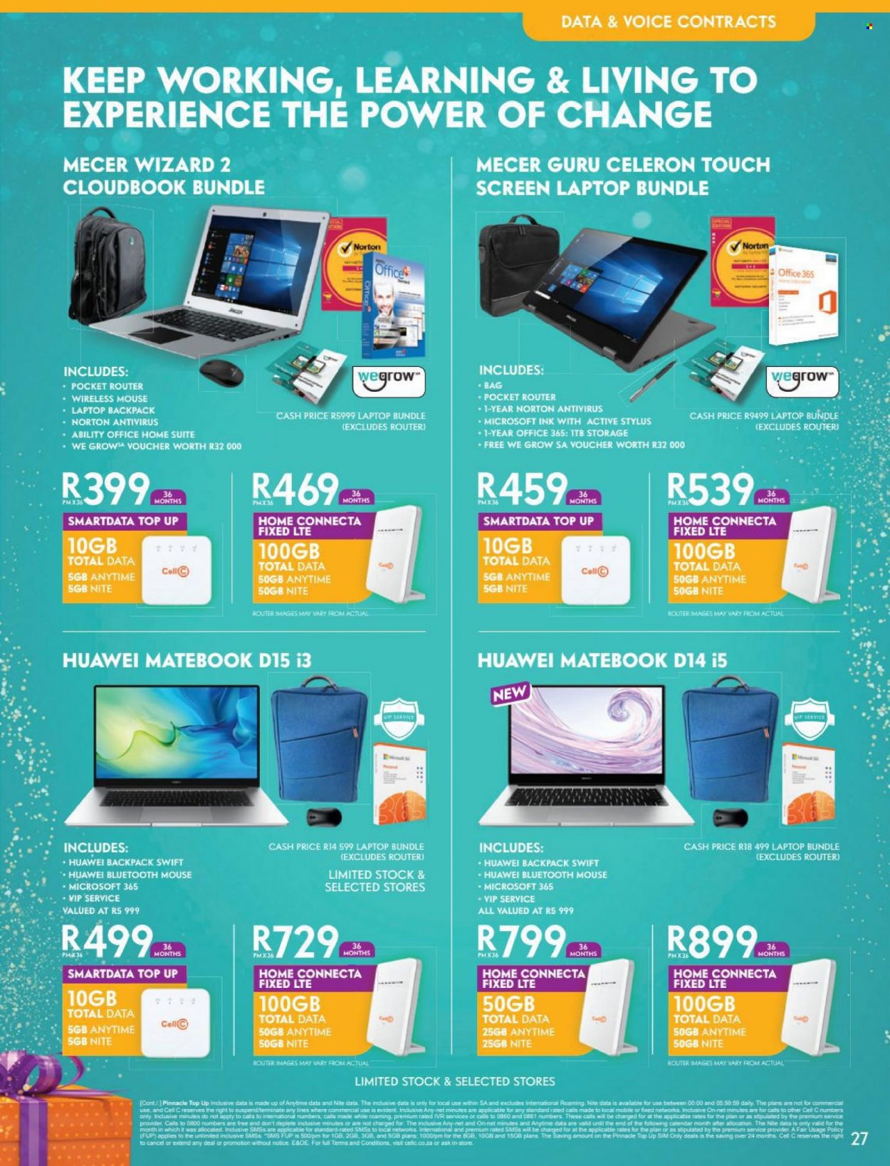 Cell C catalogue  - 01/12/2021 - 31/01/2022 - Sales products - Norton, anti-virus, Office 365, Huawei, router, laptop, MateBook, mouse. Page 27.