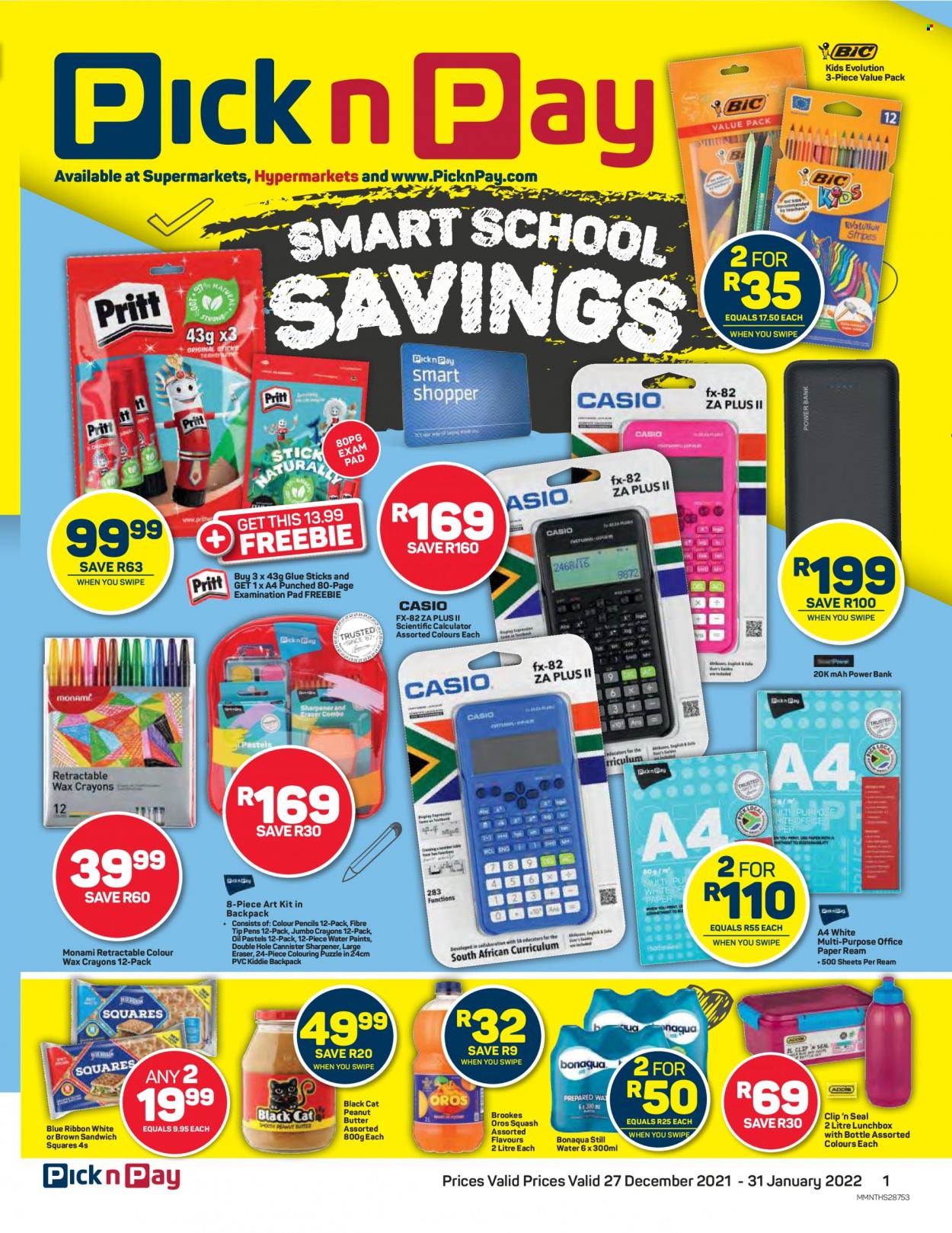 Pick n Pay catalogue  - 27/12/2021 - 31/01/2022 - Sales products - Blue Ribbon, sandwich, peanut butter, Oros, mineral water, bottled water, Bonaqua, sharpener, meal box, eraser, calculator, wax crayons, glue, paper, pencil, oil pastels, power bank, backpack, puzzle. Page 1.