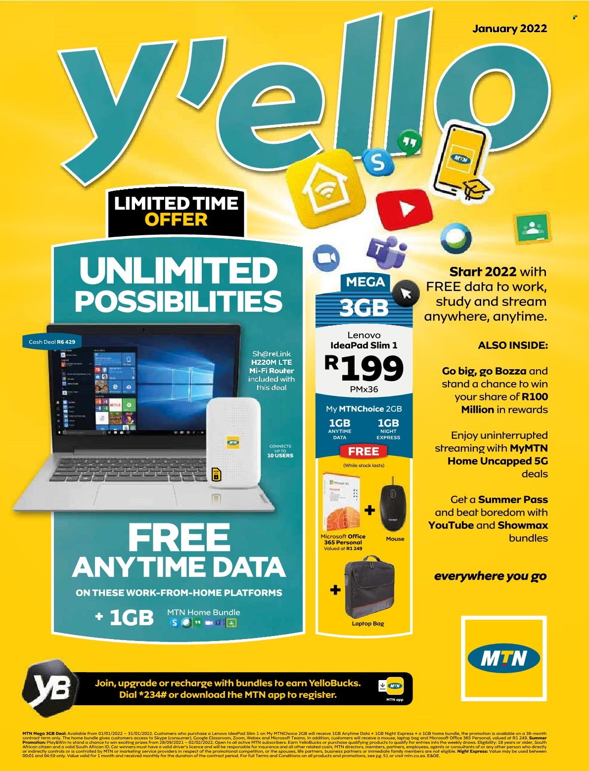 MTN catalogue  - 01/01/2022 - 31/01/2022 - Sales products - Office 365, Lenovo, laptop, mouse, router. Page 1.
