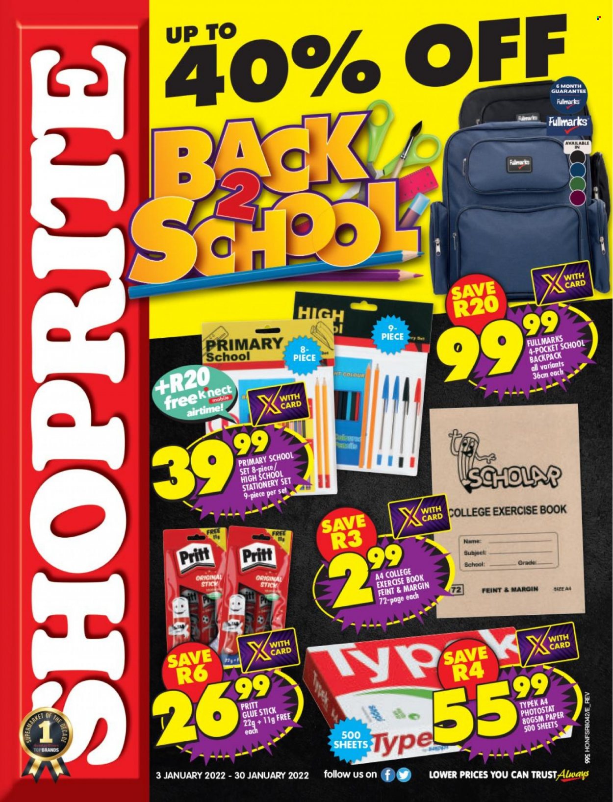 Shoprite catalogue  - 03/01/2022 - 30/01/2022 - Sales products - stationery set, exercise book, glue stick, glue, paper, backpack. Page 1.