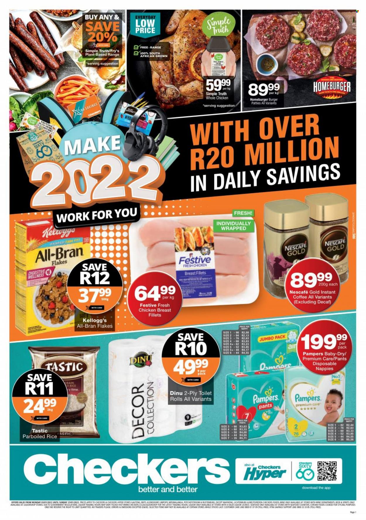 Checkers catalogue  - 03/01/2022 - 23/01/2022 - Sales products - seafood, hamburger, Kellogg's, bran flakes, All-Bran, rice, parboiled rice, Tastic, instant coffee, Nescafé, wine, liquor, beer, whole chicken, chicken breasts, chicken meat, burger patties, Pampers, pants, nappies, toilet paper, XTRA. Page 1.