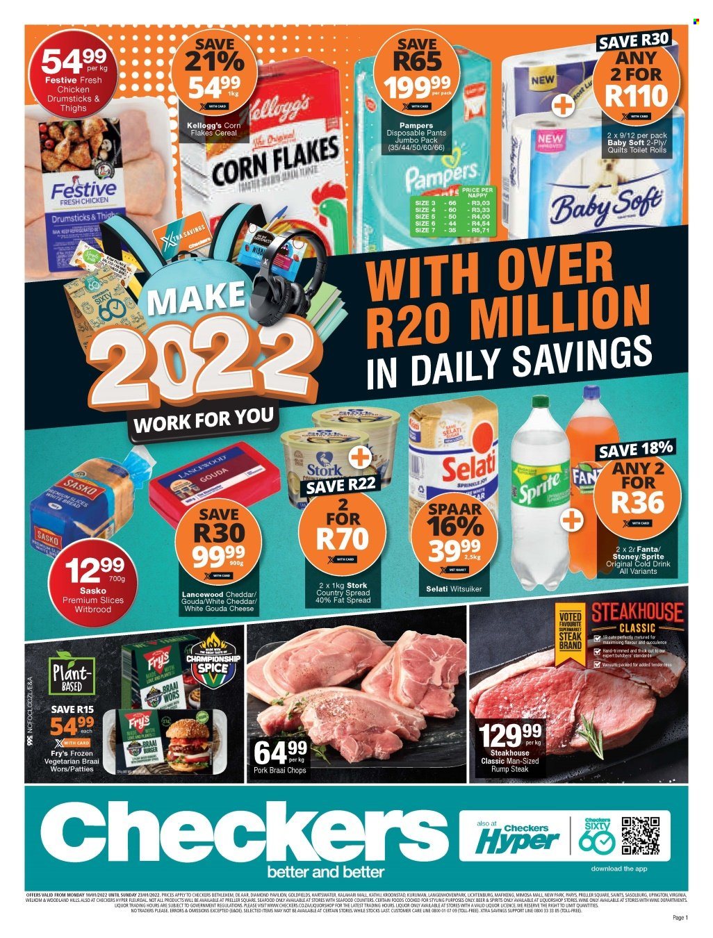 Checkers catalogue  - 10/01/2022 - 23/01/2022 - Sales products - seafood, gouda, cheddar, cheese, Lancewood, fat spread, Kellogg's, cereals, corn flakes, spice, Sprite, Fanta, wine, liquor, beer, chicken drumsticks, chicken meat, beef meat, steak, rump steak, Pampers, pants, nappies, Baby Soft, toilet paper, quilt, braai, braai wors. Page 1.