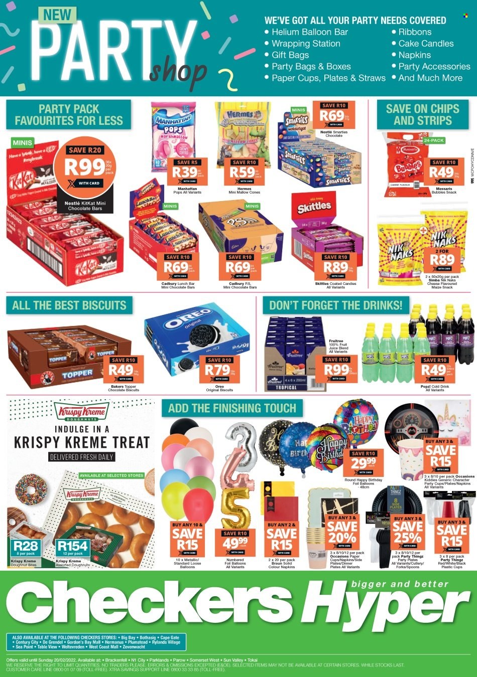 Checkers catalogue  - 10/01/2022 - 20/02/2022 - Sales products - donut, cheese, Oreo, strips, Nestlé, snack, KitKat, candy, Smarties, biscuit, Cadbury, Skittles, chocolate bar, chips, maize snack, Simba, Nik Naks, fruit juice, juice, Gordon's, napkins, spoon, plate, cup, dinner plate, straw, paper, balloons, candle, party cups, ribbon, topper, Bakers. Page 1.