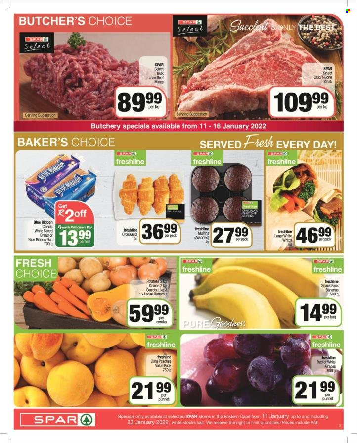 SPAR catalogue  - 11/01/2022 - 23/01/2022 - Sales products - bread, croissant, Blue Ribbon, wraps, carrots, bananas, beef meat, ground beef, bag, peaches. Page 3.