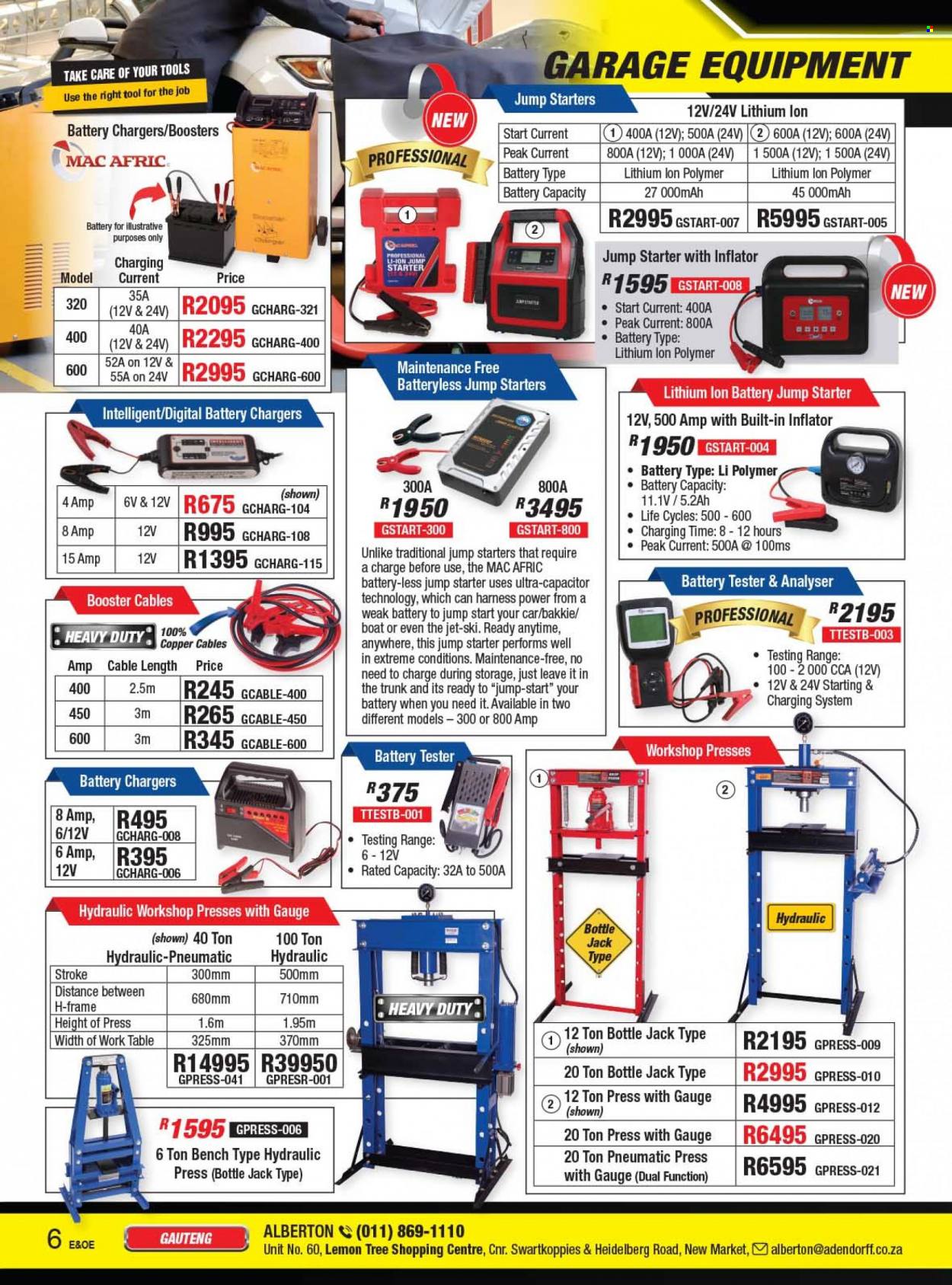 Adendorff Machinery Mart catalogue  - Sales products - table, battery charger, booster cables, starter. Page 8.