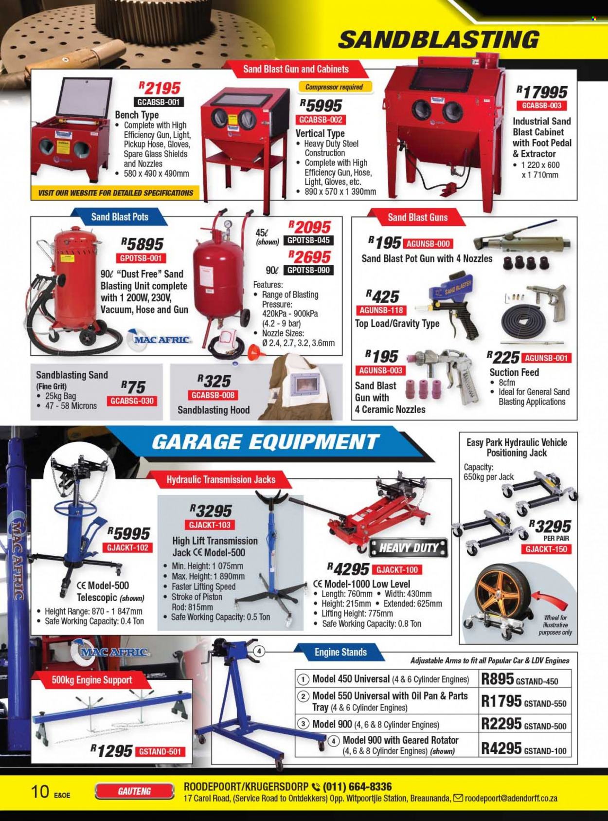 Adendorff Machinery Mart catalogue  - Sales products - air compressor, cabinet, sand blaster, vehicle positioning jack. Page 12.