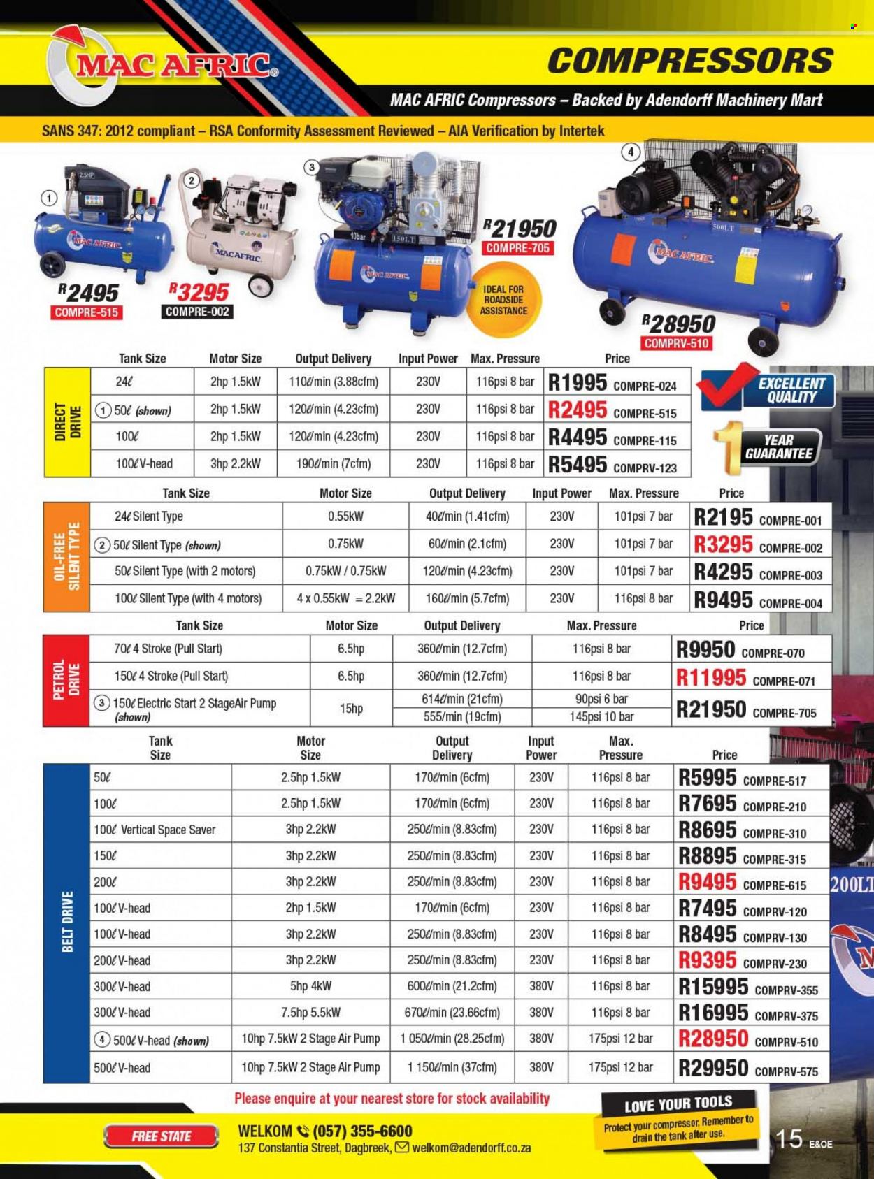 Adendorff Machinery Mart catalogue  - Sales products - tank, air compressor. Page 17.