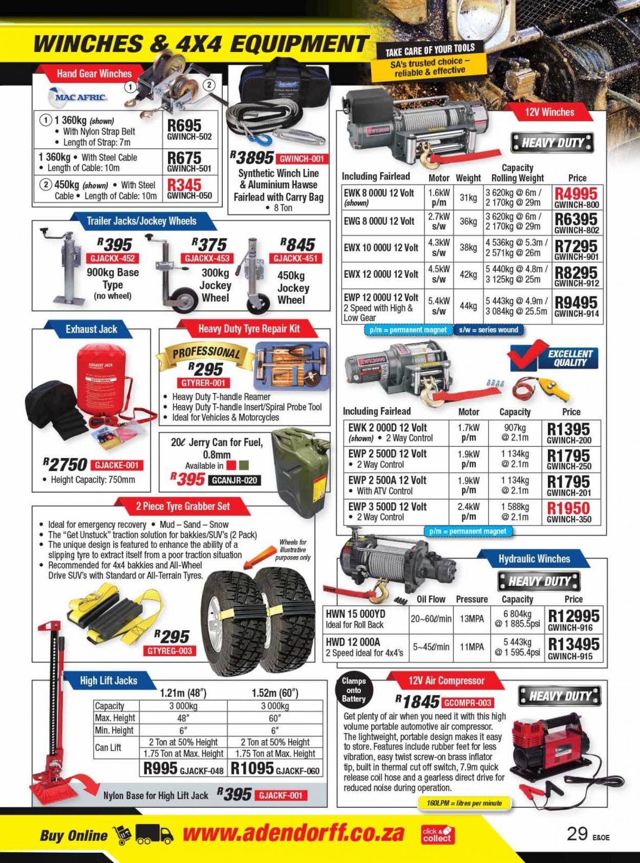 Adendorff Machinery Mart catalogue  - Sales products - jockey wheel, air compressor, belt, winch, strap, high lift jack, battery. Page 31.