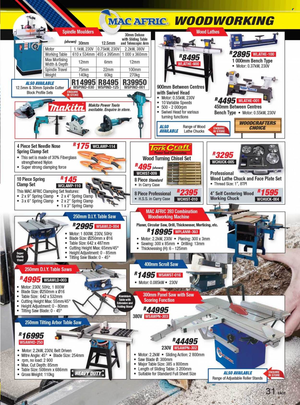 Adendorff Machinery Mart catalogue  - Sales products - Makita, circular saw, saw, scroll saw, planer, table saw, cutter, belt, table, clamp set. Page 33.