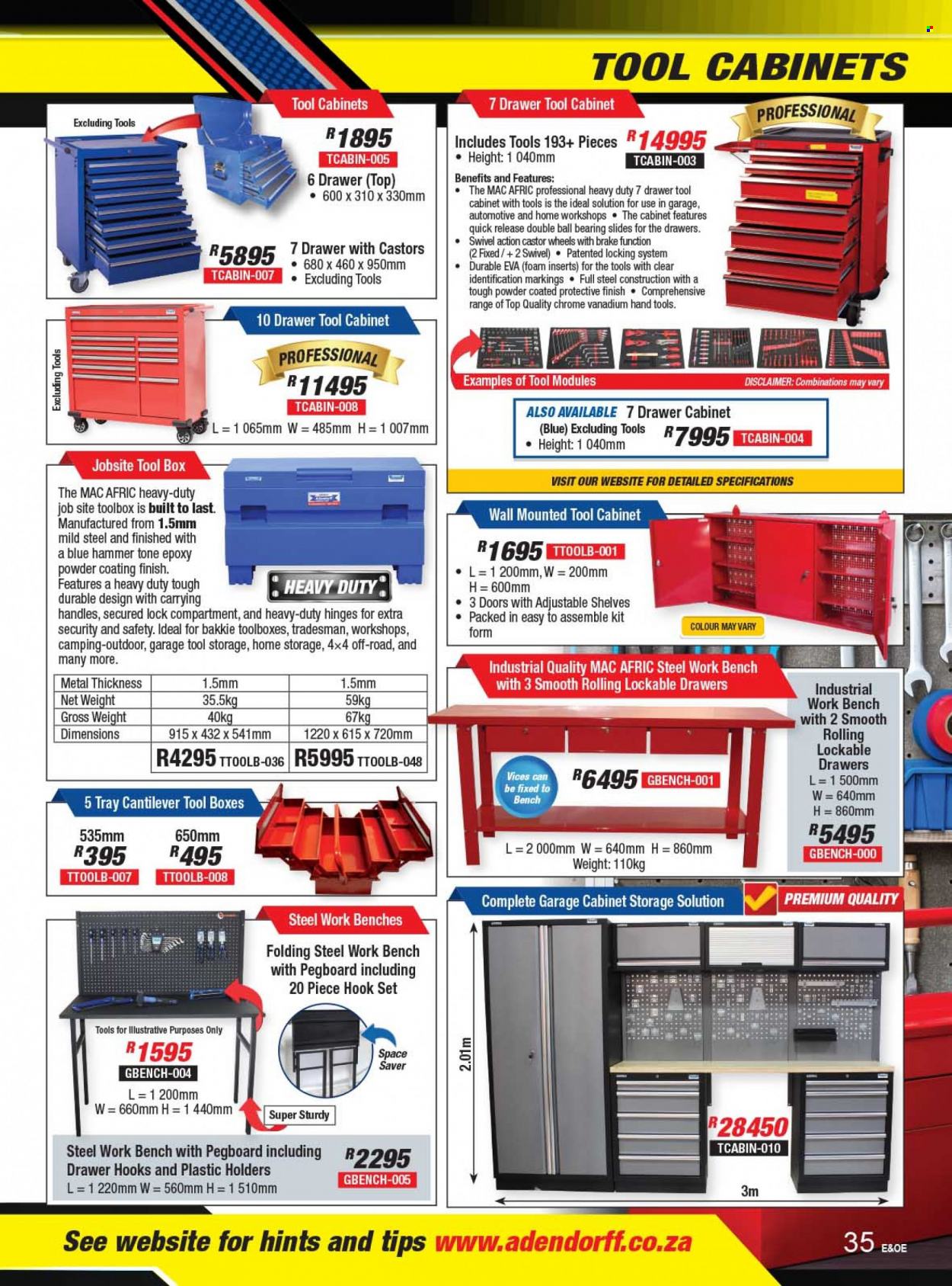 Adendorff Machinery Mart catalogue  - Sales products - tool box, hand tools, cabinet, work bench, tool cabinets. Page 37.