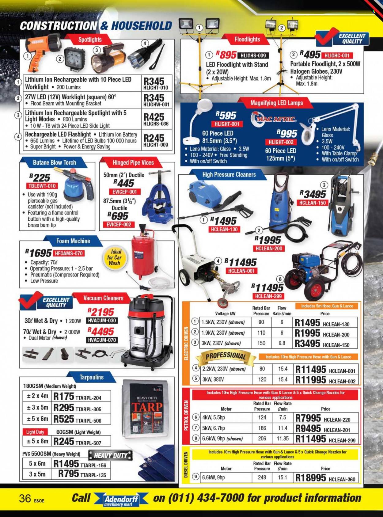 Adendorff Machinery Mart catalogue  - Sales products - spotlight, floodlight, switch, pipe, air compressor, table, canister. Page 38.
