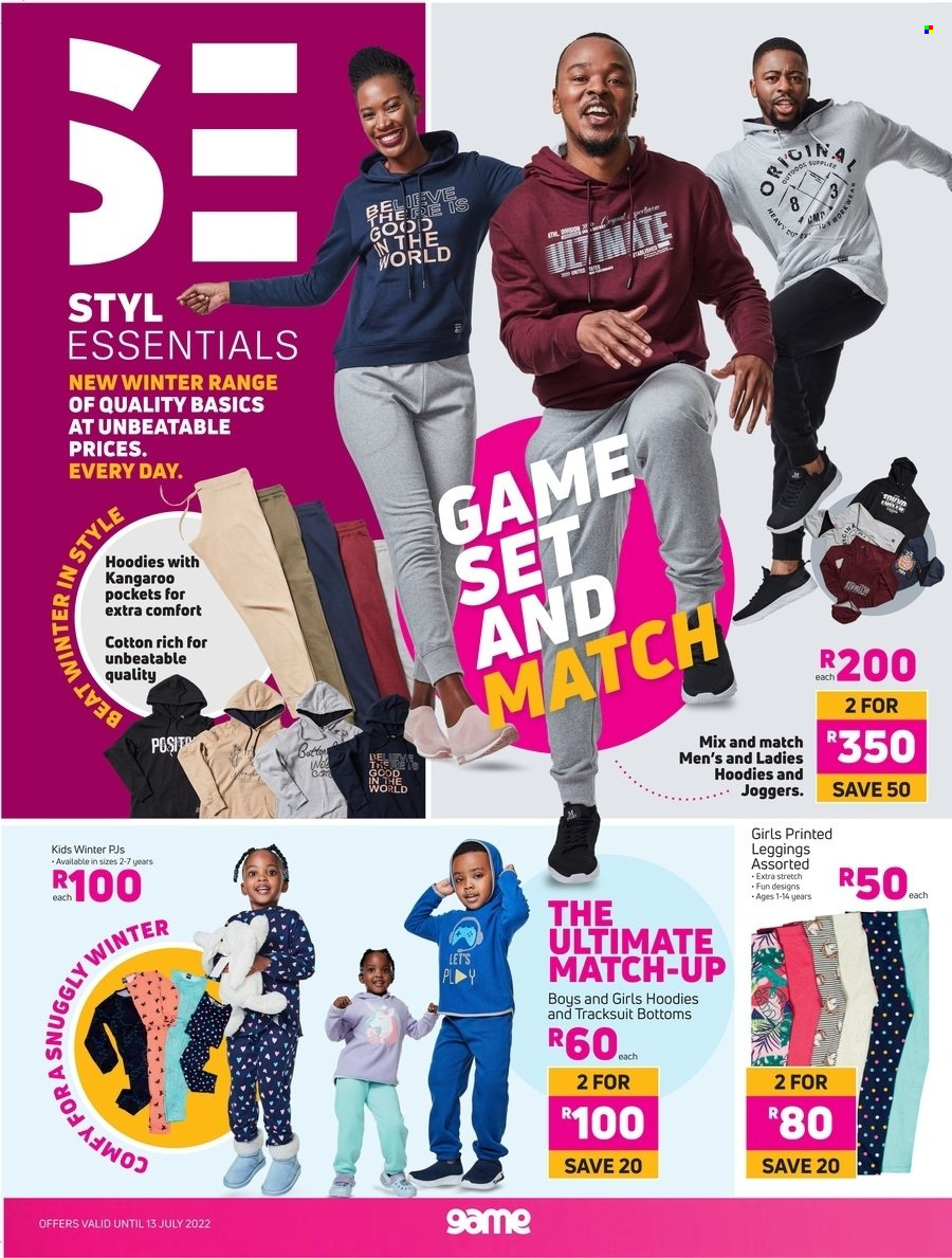 Game catalogue  - 15/04/2022 - 13/07/2022 - Sales products - hoodie, joggers, tracksuit, leggings, essentials. Page 1.