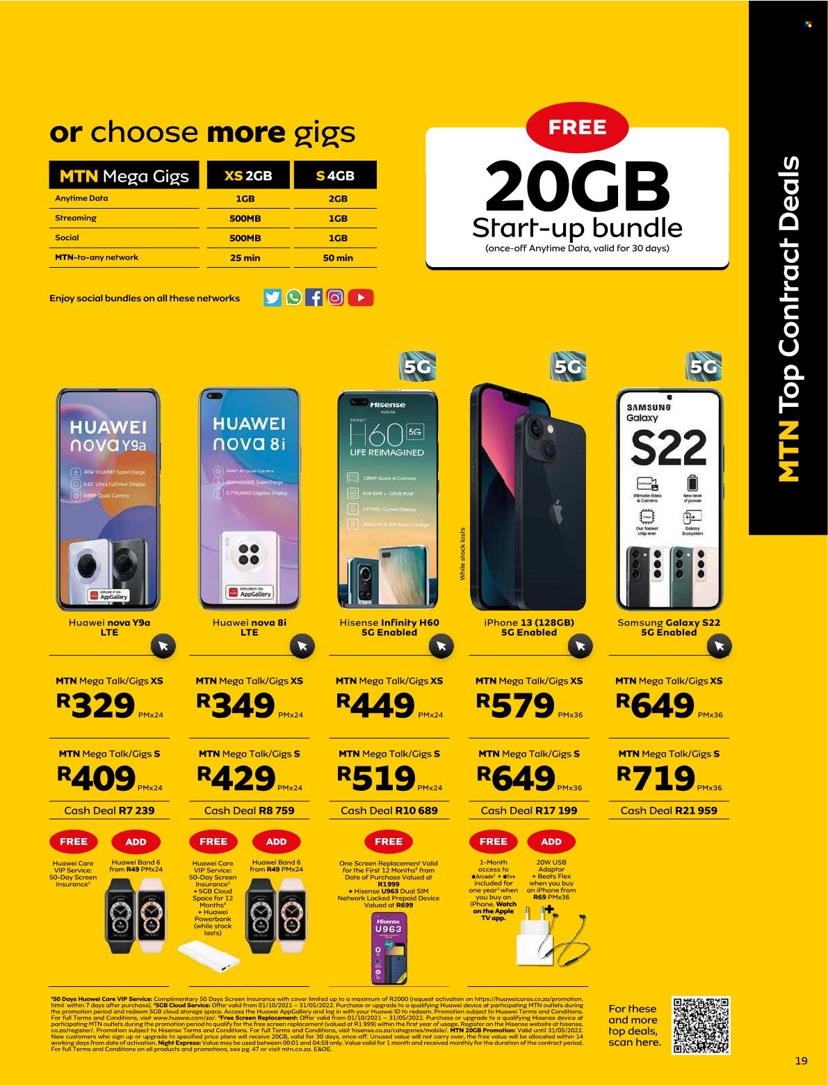 MTN catalogue  - 01/05/2022 - 31/05/2022 - Sales products - Apple, Huawei, Samsung Galaxy, Samsung, power bank. Page 19.