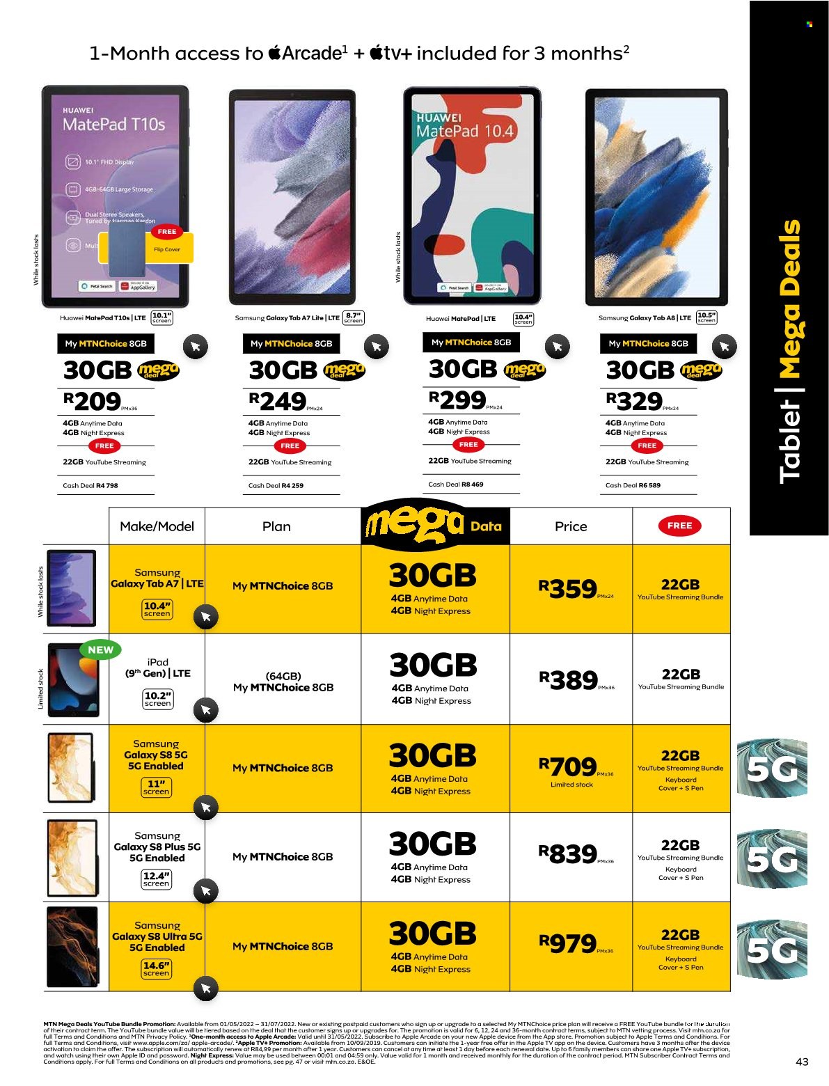 MTN catalogue  - 01/05/2022 - 31/05/2022 - Sales products - Apple, tablet, Huawei, iPad, Samsung Galaxy, Samsung Galaxy Tab, Samsung, keyboard. Page 43.