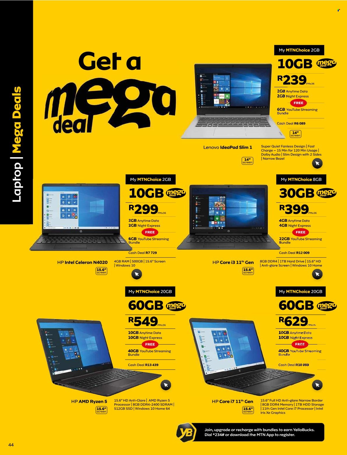 MTN catalogue  - 01/05/2022 - 31/05/2022 - Sales products - Intel, Lenovo, Hewlett Packard, laptop, hard disk. Page 44.
