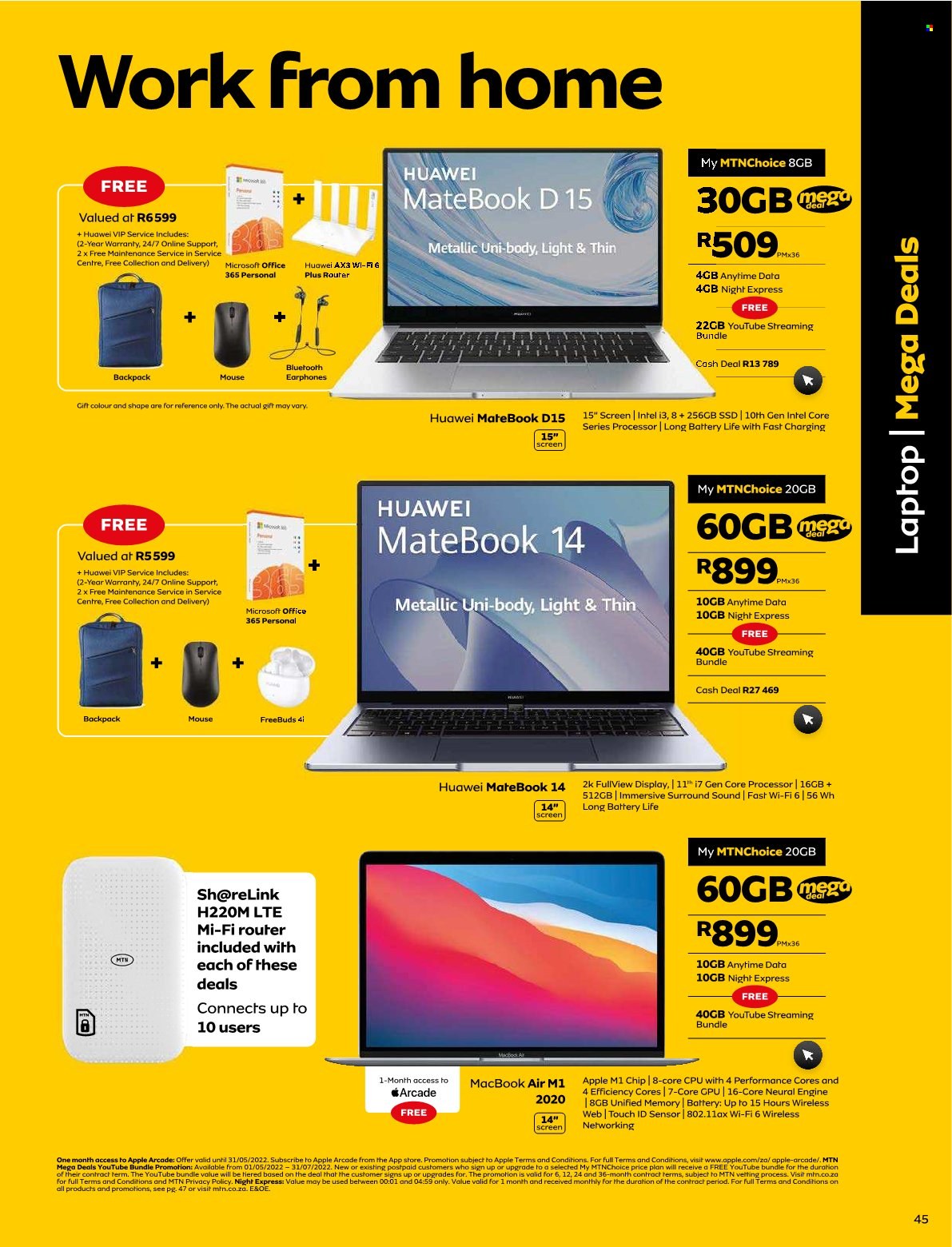 MTN catalogue  - 01/05/2022 - 31/05/2022 - Sales products - Apple, Intel, Office 365, Huawei, laptop, MateBook, MacBook, MacBook Air, mouse, router. Page 45.
