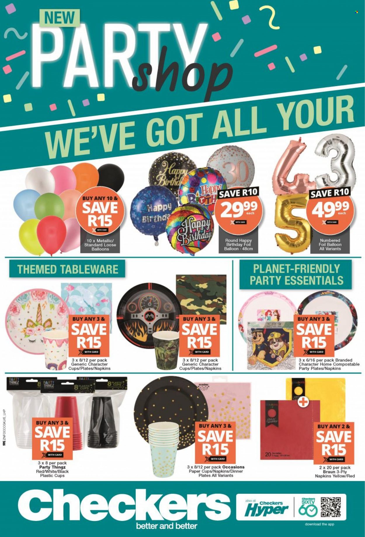 Checkers catalogue  - 09/05/2022 - 29/05/2022 - Sales products - napkins, tableware, plate, cup, dinner plate, paper, balloons, party cups, essentials. Page 1.