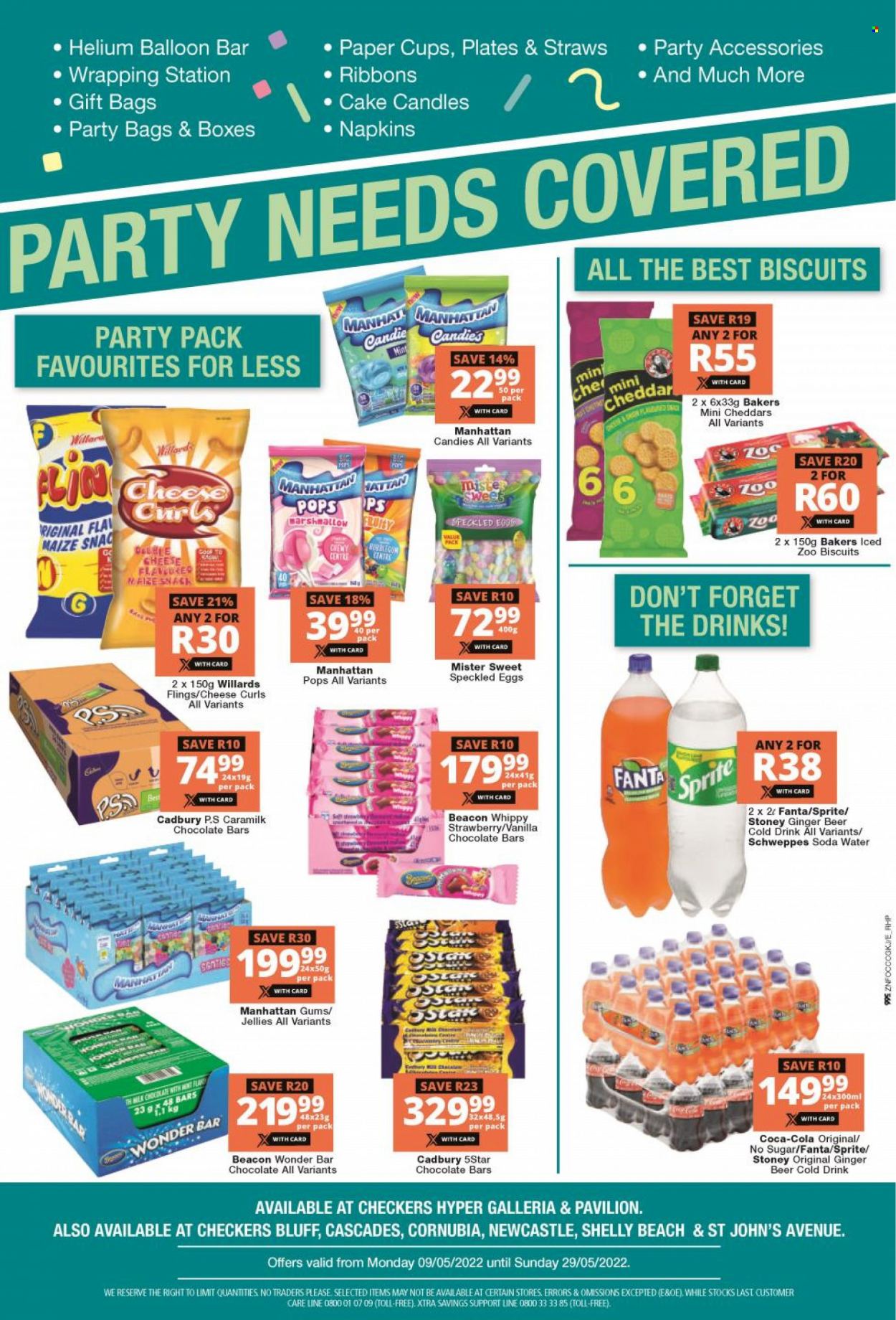 Checkers catalogue  - 09/05/2022 - 29/05/2022 - Sales products - cake, cheddar, cheese, eggs, milk chocolate, candy, biscuit, Cadbury, chocolate bar, Coca-Cola, Schweppes, Sprite, Fanta, soda, beer, napkins, BIC, plate, cup, straw, paper, balloons, candle, party cups, ribbon, Bakers, ginger beer. Page 2.