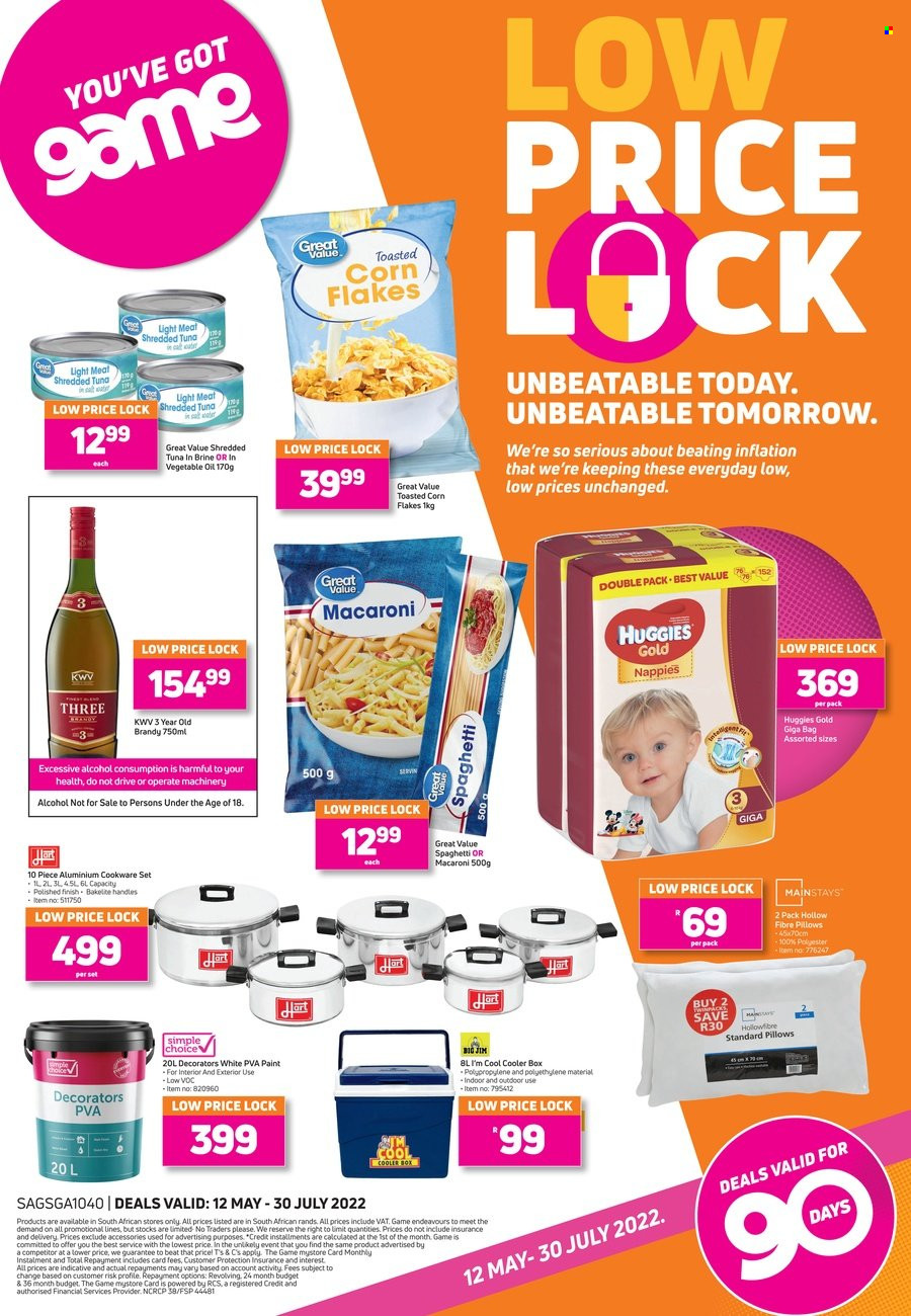 Game catalogue  - 12/05/2022 - 30/07/2022 - Sales products - tuna, spaghetti, macaroni, corn flakes, oil, alcohol, KWV, brandy, Huggies, nappies, bag, cookware set, pillow, paint. Page 1.