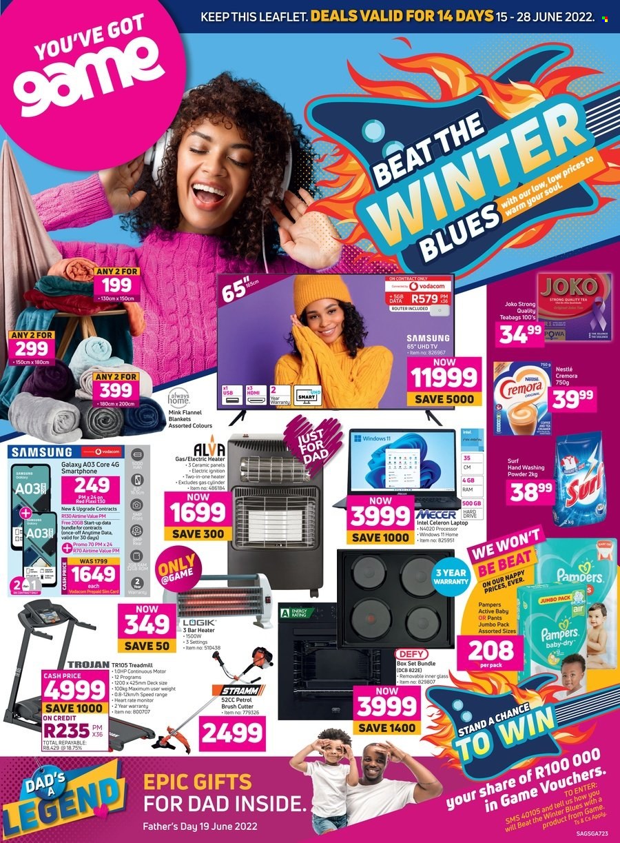 Game catalogue  - 15/06/2022 - 28/06/2022 - Sales products - Intel, Nestlé, Cremora, tea, tea bags, Joko, Pampers, pants, nappies, laundry powder, Surf, blanket, router, Samsung, smartphone, SIM card, laptop, UHD TV, TV, treadmill, electric heater, brush cutter. Page 1.