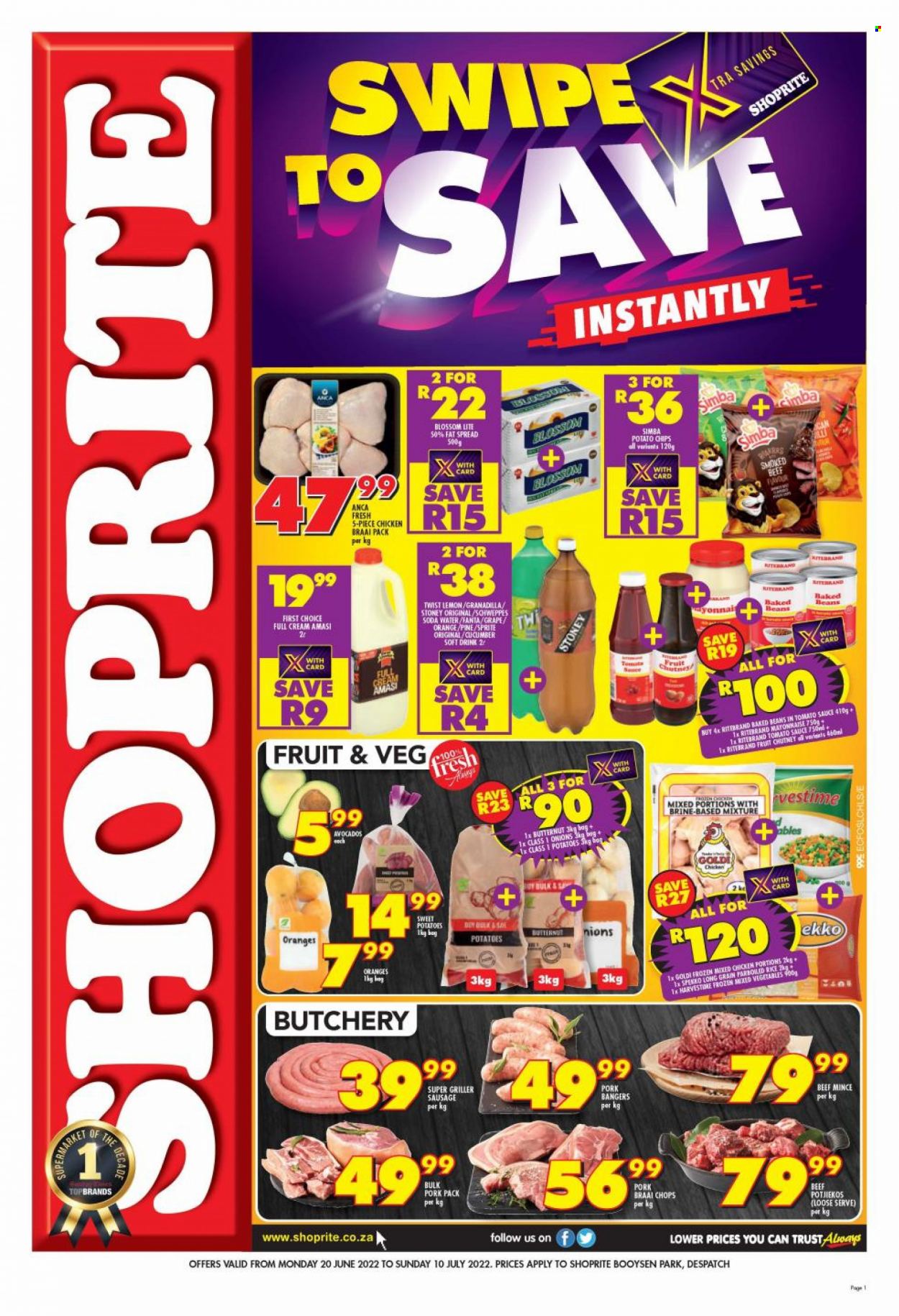 Shoprite catalogue  - 20/06/2022 - 10/07/2022 - Sales products - beans, sweet potato, onion, avocado, orange, sausage, pork sausage, bangers, amasi, fat spread, Blossom, mayonnaise, mixed vegetables, Harvestime, potato chips, Simba, baked beans, rice, parboiled rice, Schweppes, Sprite, Fanta, soft drink, soda, beef meat, ground beef, butternut squash. Page 1.