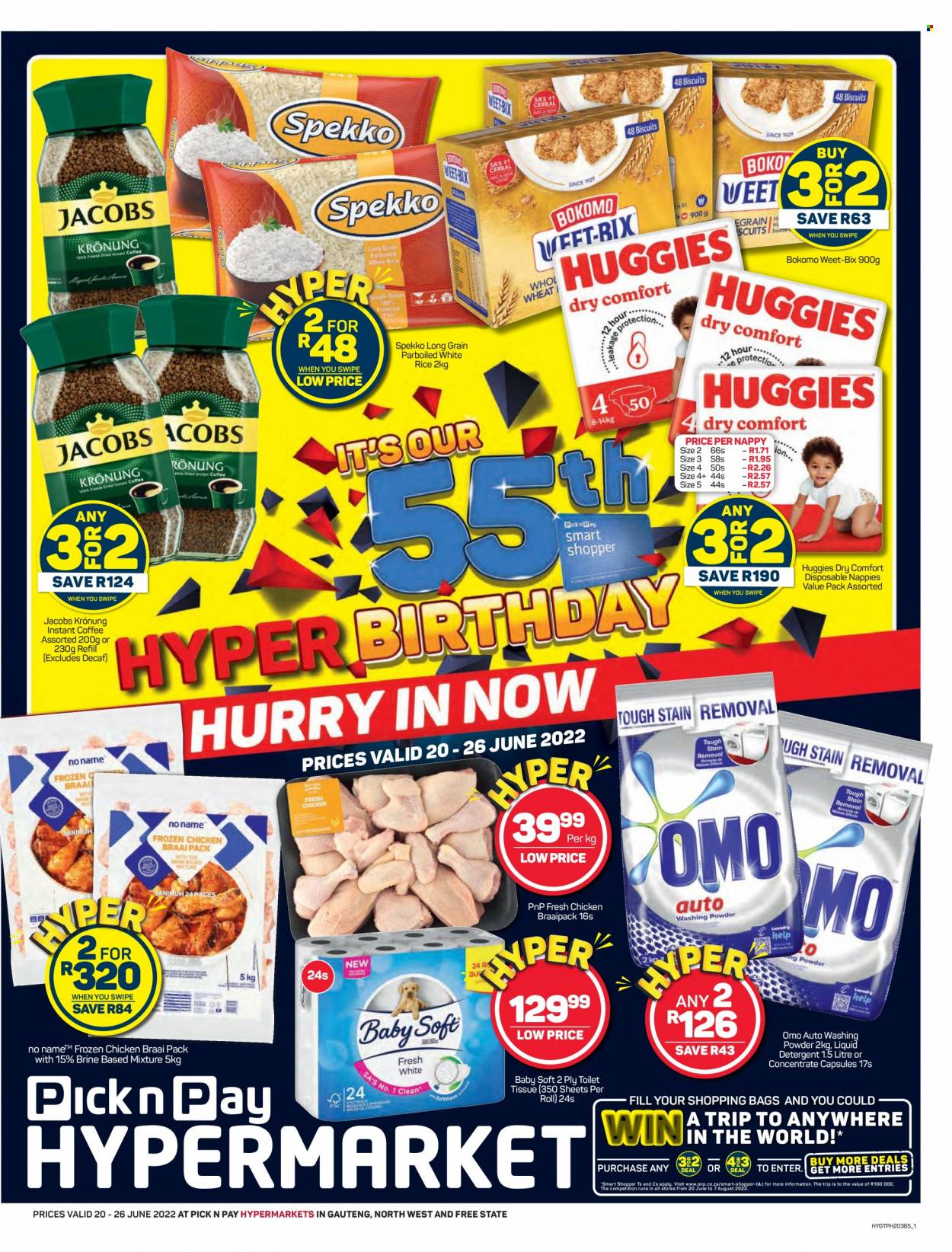 Pick n Pay Hypermarket catalogue  - 20/06/2022 - 26/06/2022 - Sales products - cereal bar, Weet-Bix, rice, white rice, Spekko, instant coffee, Jacobs, Jacobs Krönung, chicken meat, Huggies, nappies, Baby Soft, toilet paper, detergent, Omo, liquid detergent, laundry powder, bag. Page 1.
