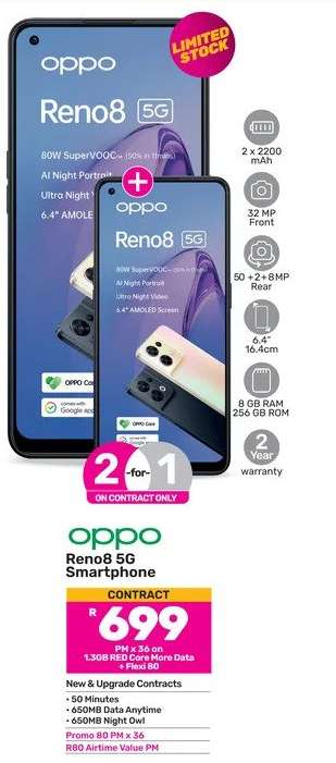 2 x Oppo Reno 8 5G Smartphone-On 1.3GB Red Core More Data + Flexi 80