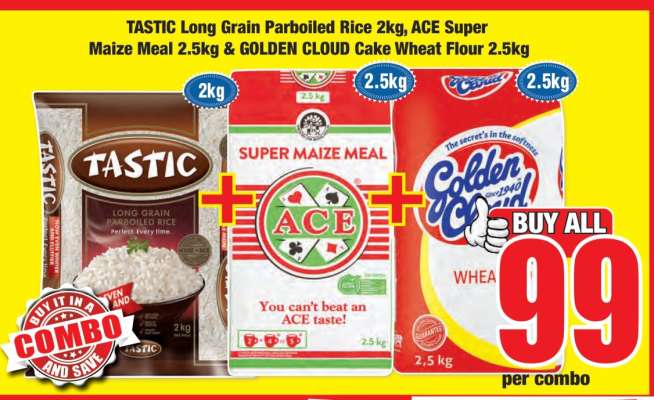 TASTIC Long Grain Parboiled Rice 2kg, ACE Super Maize Meal 2.5kg & GOLDEN CLOUD Cake Wheat Flour 2.5kg