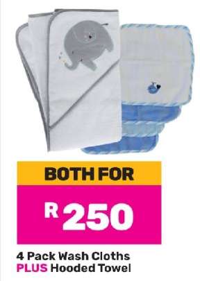 Snuggletime 4 Pack Wash Cloths Plus Hooded Towel-Both For