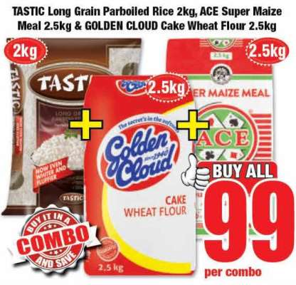 TASTIC Long Grain Parboiled Rice 2kg, ACE Super Maize Meal 2.5kg & GOLDEN CLOUD Cake Wheat Flour 2.5kg