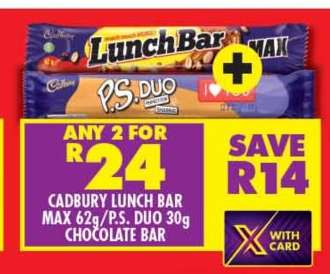 Cadbury Lunch Bar Max 62g/P.S. Duo 30g Chocolate Bar