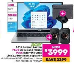 Acer A315 Celeron Laptop, Sleeve And Mouse Plus Interfoto Ultra Link 2.0 Multimedia Speaker