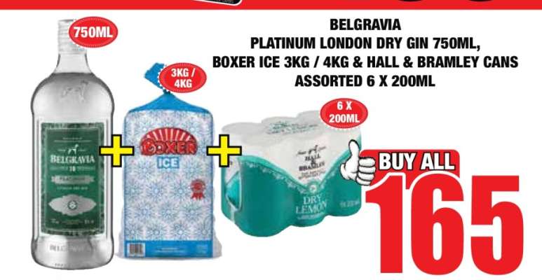 BELGRAVIA Platinum London Dry Gin 750ml, BOXER Ice 3kg / 4kg & HALL & BRAMLEY Cans Assorted 6 x 200ml