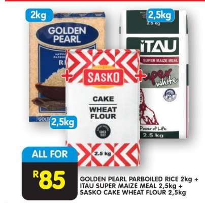 GOLDEN PEARL PARBOILED RICE 2kg + ITAU SUPER MAIZE MEAL 2,5kg + SASKO CAKE WHEAT FLOUR 2,5kg