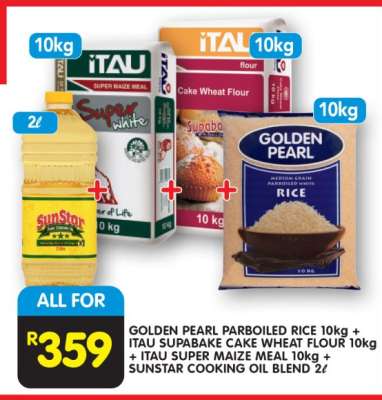 GOLDEN PEARL PARBOILED RICE 10kg + ITAU SUPABAKE CAKE WHEAT FLOUR 10kg + ITAU SUPER MAIZE MEAL 10kg + SUNSTAR COOKING OIL BLEND 2ℓ