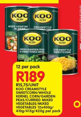 KOO CREAMSTYLE SWEETCORN/WHOLE KERNEL CORN/GARDEN PEAS/CURRIED MIXED VEGETABLES/MIXED VEGETABLES