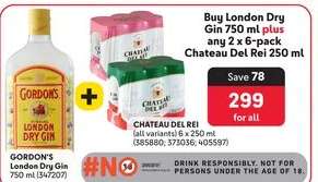 Buy London Dry Gin 750 ml plus any 2 x 6-pack Chateau Del Rei 250 ml