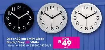 Decor 20cm Emily Clock Black/Grey Or White-Each