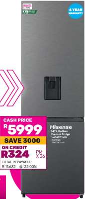 Hisense 347Ltr Bottom Freezer Fridge H450BIT-WD