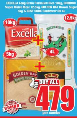 EXCELLA Long Grain Parboiled Rice 10kg, SHIBOBO Super Maize Meal 12.5kg, GOLDEN RAY Brown Sugar 5kg & BEST COOK Sunflower Oil 4L