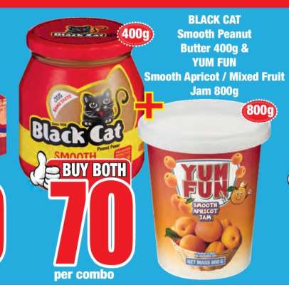 BLACK CAT Smooth Peanut Butter 400g & YUM FUN Smooth Apricot / Mixed Fruit Jam 800g