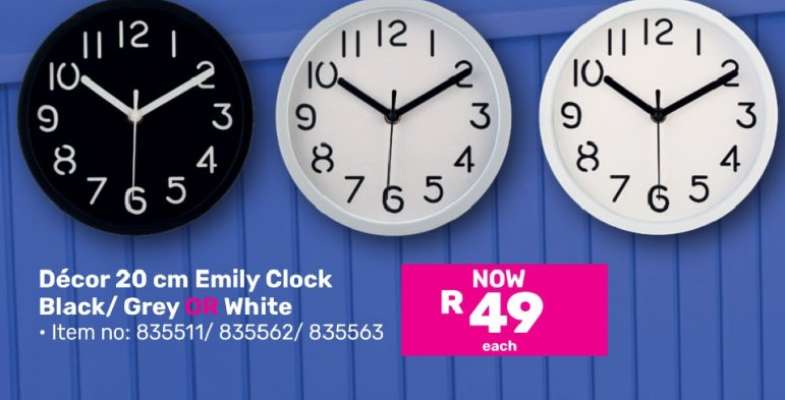 Decor 20cm Emily Clock Black/Grey Or White-Each