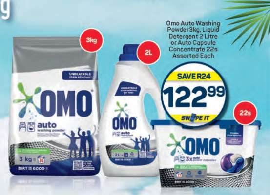 Omo Auto Washing Powder 3kg, Liquid Detergent 2 Litre or Auto Capsule Concentrate 22s Assorted Each