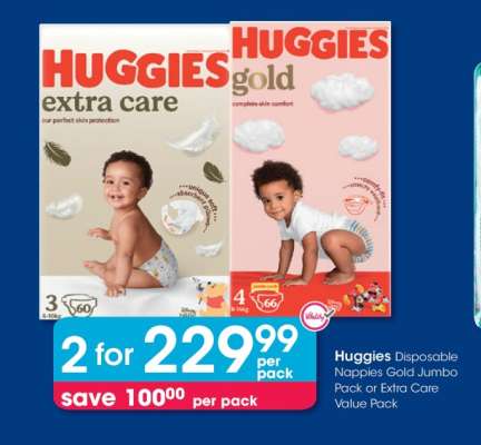 Huggies Disposable Nappies Gold Jumbo Pack or Extra Care Value Pack