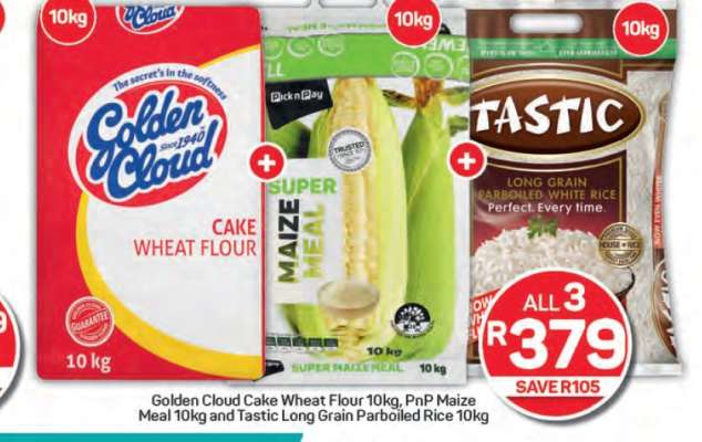 Golden Cloud Cake Wheat Flour 10kg, PnP Maize Meal 10kg, Tastic Long Grain Parboiled Rice 10kg