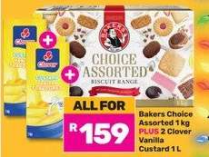 Bakers Choice Assorted Biscuits 1Kg Plus 2 Clover Vanilla Custard 1L-All For