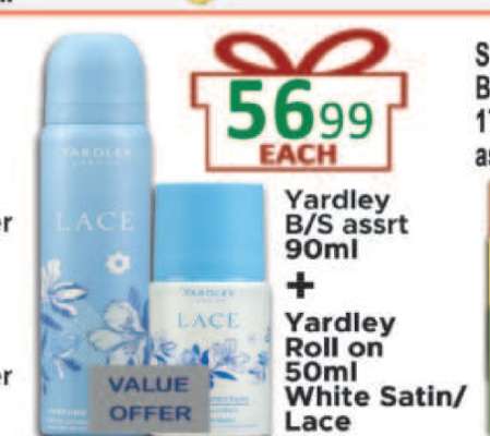 Yardley B/S assrt 90ml + Yardley Roll on 50ml White Satin/Lace