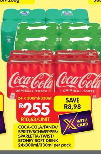 COCA-COLA/FANTA/SPRITE/SCHWEPPES/SPARLETTA/TWIST/STONEY SOFT DRINK 24x300ml/330ml per pack