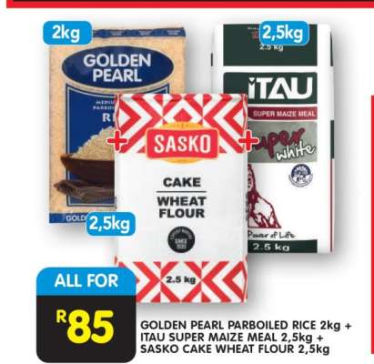 GOLDEN PEARL PARBOILED RICE 2kg + ITAU SUPER MAIZE MEAL 2,5kg + SASKO CAKE WHEAT FLOUR 2,5kg