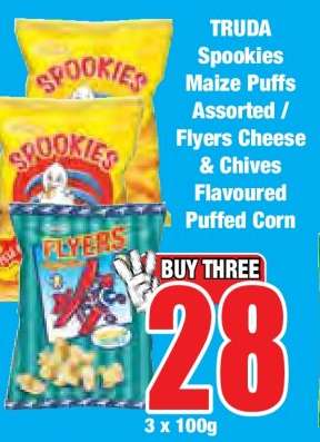 TRUDA Spookies Maize Puffs Assorted / Flyers Cheese & Chives Flavoured Puffed Corn